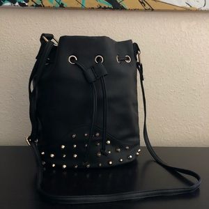 Black Drawstring Purse with Gold Studs